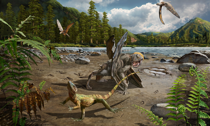 Artist's impression of a lizard walking on two legs in the ancient world