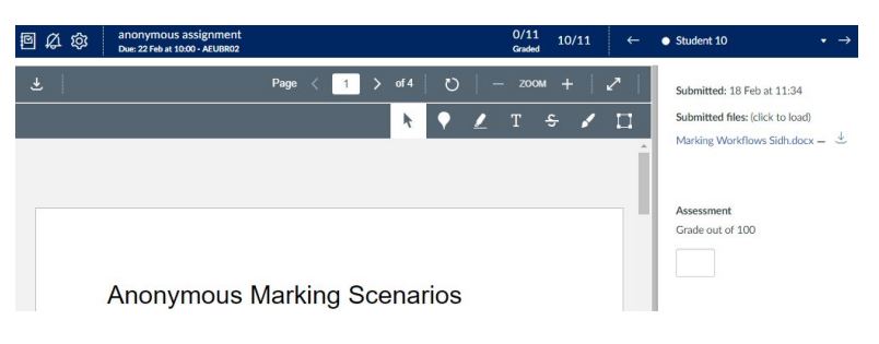 Provide marks and feedback using the Speedgrader tools and then liaise with other markers to release feedback when all feedback has been provided.