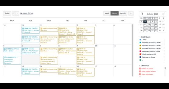 The canvas calendar is displayed in a grid to include days of the week and dates for each month. It includes all date related activities in your course.