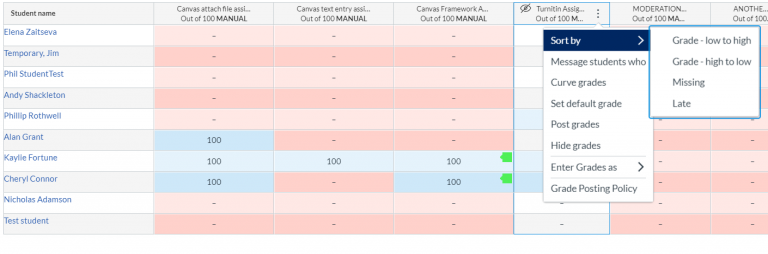 Grades Area sort by available options