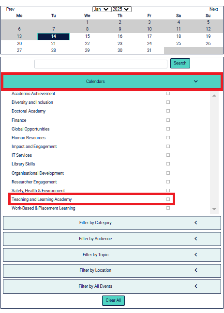 LJMU events and appointments, location of Teaching and Learning Academy location within Calendars option