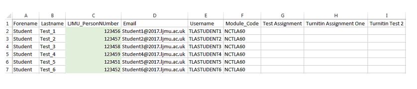 The spreadsheet contains the students person number, and grades area for the course