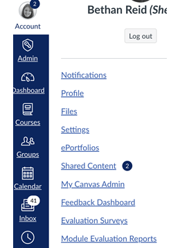 Access 'my canvas admin' via the 'acount' section in the Canvas main menu