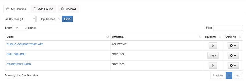 The 'My Courses' tab displays a list of your curent course enrolments, you can also add courses or remove them using the 'add course' and 'unenrol' tabs