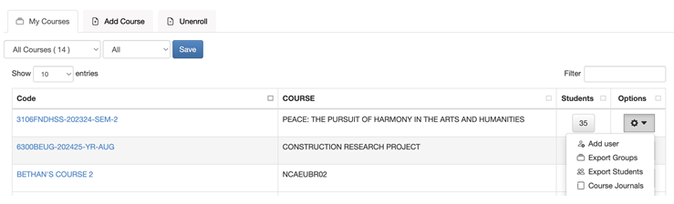 To add an external examiner or tutor to your course click on the cog next to your course and then select 'add user' from the menu