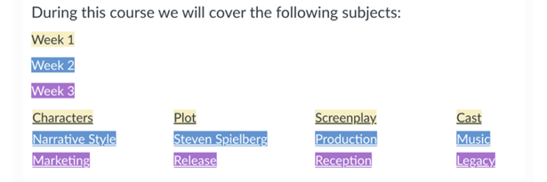 Similarly, the example shown displays a colour coded key for weekly information. Each subject is then highlighted as one of these colours. But to a student with a sight impairment, this would provide a barrier to their learning.