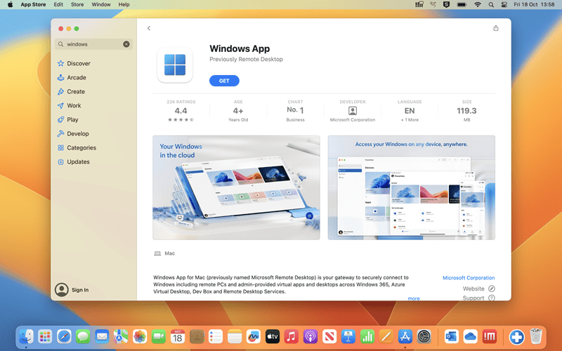 Screenshot shows Windows App On Apple AppStore